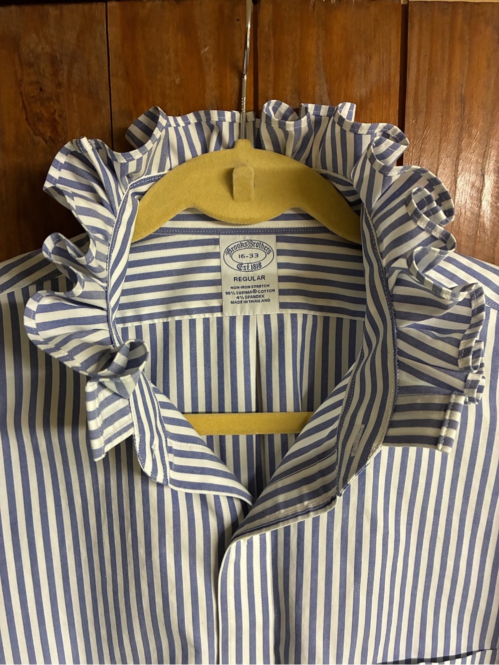 Brooks Brothers White and Blue Vertical-Stripe Ruffle-Collar Shirt - Picture 2 of 4